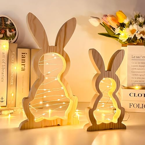 Osterdeko Holz Hase mit LED Lichterkette, 2 Stück Ostern Deko Hasen Figuren mit Timing-Funktion, LED Frühlingsdeko Osterhase Beleuchtet, Osterdeko Modern Osterhase Deko Ostern für Osterdeko Tisch (A)