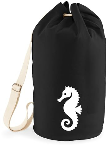 Huuraa Seesack Seepferdchen Silhouette Geschenk | Tasche 20 Liter Strandtasche Black Baumwolle Rucksack Geschenkidee Schwarze Sporttasche Duffle Bag mit Kordelzug Verschluss