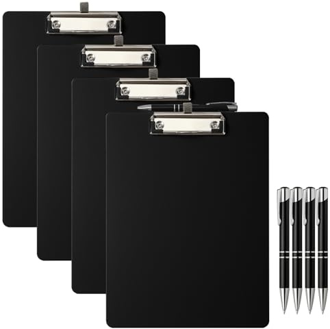 Halinuia 4 Set Schreibbrett Klemmbrett a4 mit Elastisch Stifthalter & Gelstifte, Clipboard a4 mit Robustem Rutschfest Clip, Schwarz Zwischenablage Schreibblock für Studenten Schule Büro (4)