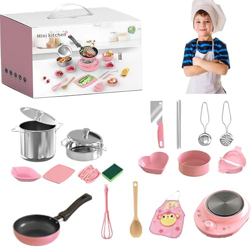 22PCS Children's Cooking Mini Kitchen Toys, Kids Kitchen Playset, Kid Real Easy Bake Cook Set, Food-Grade Stainless Steel Kids Cooking Sets, Cooking Play Pots, Pans, Accessories, Tool (Pink)