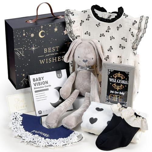Baby Geschenk Mädchen, Neugeborenen Geschenk Set Babygeschenke zur Geburt Mädchen, Baby Strampler Musselin Decke Hase Kuscheltier Lätzchen Socken Fotorahmen in Geschenkbox, Babyparty Geschenk