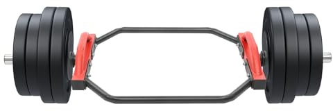 Trap Bar 50mm Aufnahme Hex Bar 142cm für Kreuzheben und Kniebeugen bis 150kg Hantelstange mit Federclips für Heimtraining Fitnessstudio, Trizeps-Stange Rot
