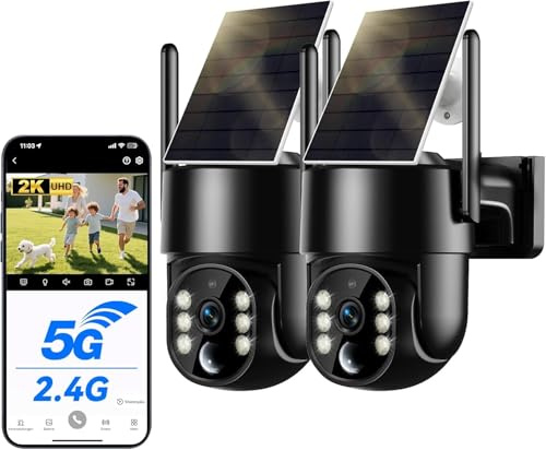 WESECUU Camera Surveillance WiFi Exterieure sans Fil Solaire 2.5K 4MP avec Panneau Solaire 5W, 2K QHD, Batterie 8000mAh, 2.4G et 5GHz Wi-FI, 360° PTZ Suivi Automatique, IP66, PIR Détection