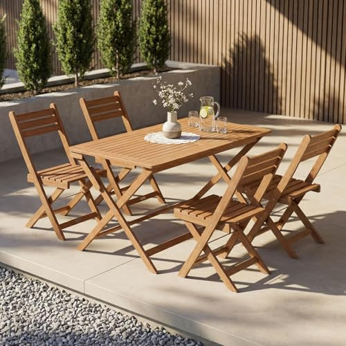 Juskys® Gruppo pranzo Rimini - finitura naturale, materiale acacia, 5 pezzi con sedute pieghevoli, design resistente per terrazza balcone