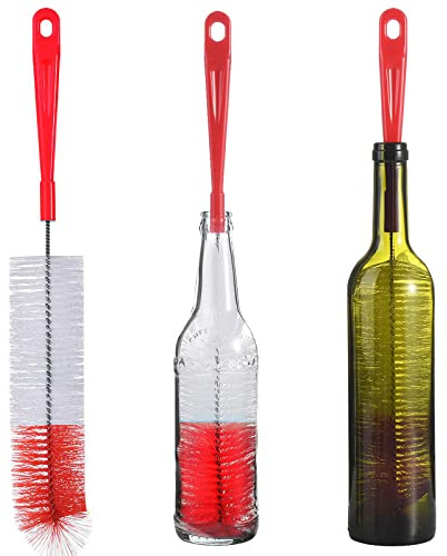 ALINK 3-Pack Long Red Bottle Cleaning Brush for Narrow Neck Beer, Wine, Kombucha, Hydroflask, Thermos, S’Well, Nalgene, Pitcher, Carafe, Brewing Bottle Cleaner, 16/ 17 Inches