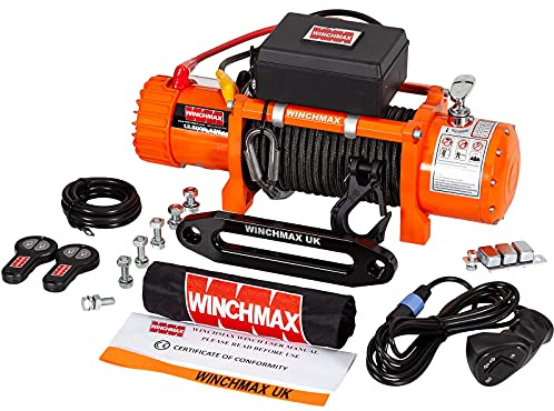 Winchmax 13500 LB / 6123 kg Cabrestante eléctrico Original Naranja de 12v. Cuerda Armorline 25m x 10mm. Gancho táctico de 3/8 de Pulgada. Mando a Distancia inalámbrico Doble.