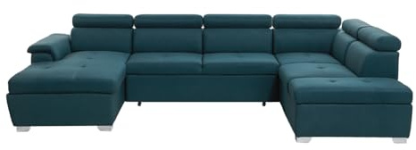 LOUNGITUDE - Canapé panoramique Convertible avec 2 coffres en Tissu - Bleu - 6 Places