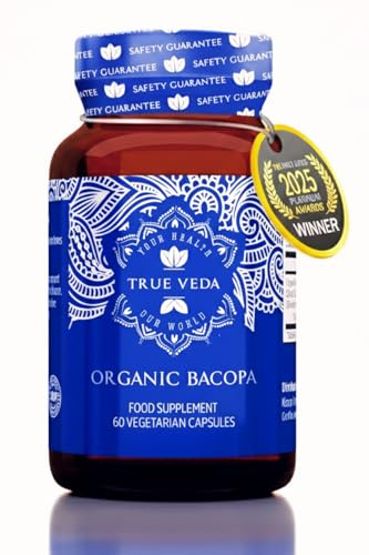 Organic Bacopa Monnieri Capsules, Brahmi Extract, 50% Bacosides, 60 Caps | Soil Association Certified Organic | 20x Concentrated Bacopa Supplement | Ayurveda | 60 Vegan Capsules | True Veda | UK Made