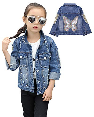 L PATTERN Chaqueta Vaquera Niña Chaqueta de Mezclilla Parche Trasero de Manga Larga para Primavera Otoño, Patrón de Mariposa, 150/10-11 Años