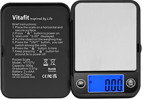 Vitafit Báscula de Precisión Digitale para Joyería Cocina Alimentos 500g x 0,01g, Balanza de Portátiles Multifuncional con Pantalla LCD Retroiluminada, Báscula Digital de Bolsillo, Negro
