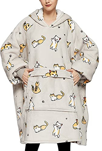 KFUBUO Bärbar filt huvtröja för vuxna sherpa alla mönster katt överdimensionerad sweatshirt filt med fickor för kvinnor