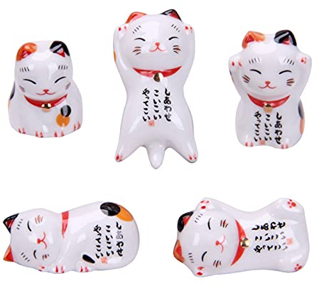 Regun Soporte de palillos de gato de la suerte de 5 piezas, Descanso de palillos de cerámica reutilizables, uso en la Mesa, adornos de decoración para el hogar