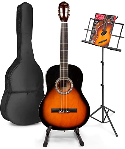 MAX SoloArt Konzertgitarre 4/4, Akustik Gitarre für Anfänger mit Tasche, Gitarrenständer, Notenständer, Stimmgerät, Plektrum, Gurt und Zubehör, Acoustic Guitar, Akustikgitarre in Sunburst
