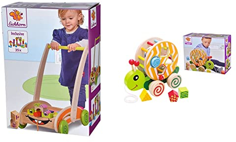 Eichhorn 100001833 - Eichhorn, Spiel- und Lauflernwagen - teilmontiert - 39 x 25 x 44 cm & 100002231 NachziehStecktier, mit 4 versch. Steckbausteinen, Größe: 15x24x19,5cm