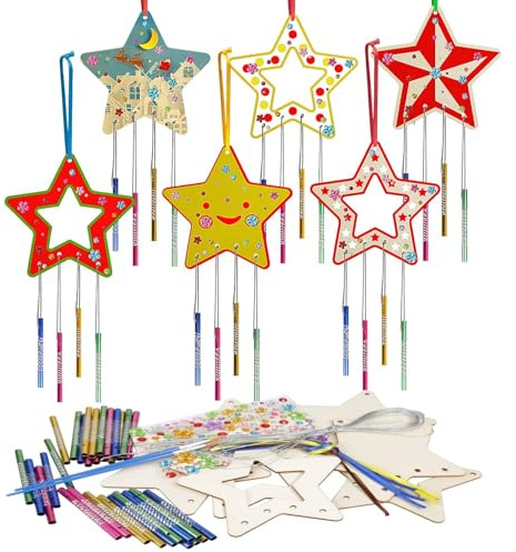 WEDNOK 11 Stück Stern Bastelset für Kindergeburtstage Holz Windspiel Klangspiele Bastelhandwerk zur Gestaltung von Sternen Geschenke für Jungen und Mädchen Geschenke Einshulung Schule