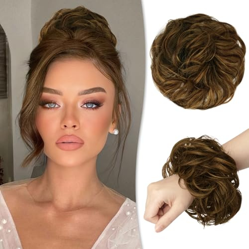 RUWISS Unordentlicher Haarteil 100% Echthaar Rose Dutt für Frauen Echthaar Scrunchies Hochsteckfrisur Haarteile Gelockt Bun Verlängerung（Goldkastanie mit Hellgoldblonden Strähnchen）