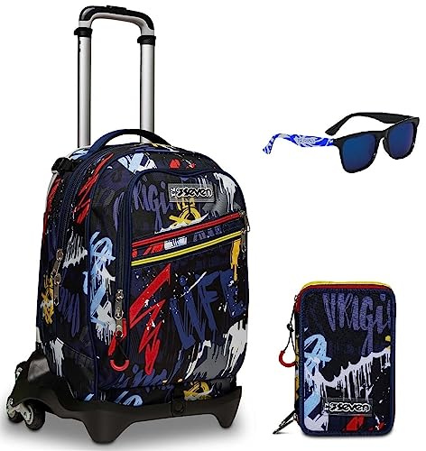 Seven, Jack Seven Schultrolley mit 3 Rädern Spray Wall + Stifthalter für die Schule + Brille blau mit Etui, blau, Taglia Unica
