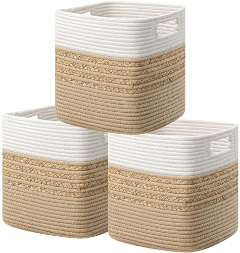 UBBCARE Lot de 3 cubes de rangement en jacinthe d'eau pour étagères, jouets, livres, paniers de rangement avec poignées, paniers de rangement en corde de coton tissée pour l'organisation, 28 x 10,5 x