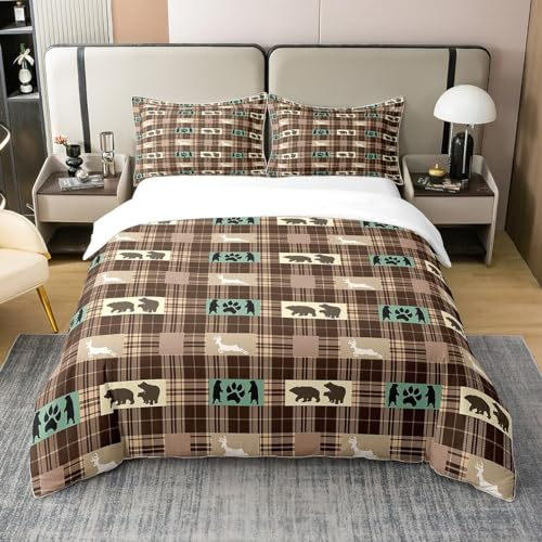 Retro Bauernhaus 100% Baumwolle Bettbezug 155x220,Bär Hirsch Patchwork Bettwäsche Set,Land Lodge Kabine Pfote Tröster Abdeckung,Waldtiere Rustikale Braune Gitter Karierte Bett-Sets mit 1 Kissenbezug