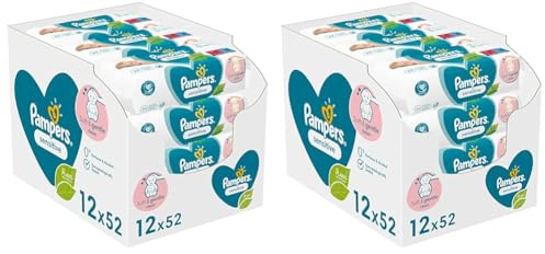 Pampers Sensitive Baby Feuchttücher, 624 Tücher (12 x 52), ohne Duft, für eine sanfte und weiche Reinigung (Packung mit 2)