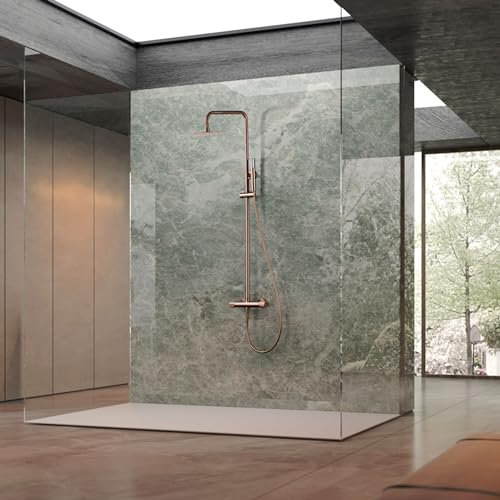 IMEX - Columna Ducha Oro Rosa Cepillado con Grifo | Kit de Ducha con Alcachofa y Rociador Antical | Griferia en Latón y Acero Inox S.304 con Barra Extensible | Serie Line