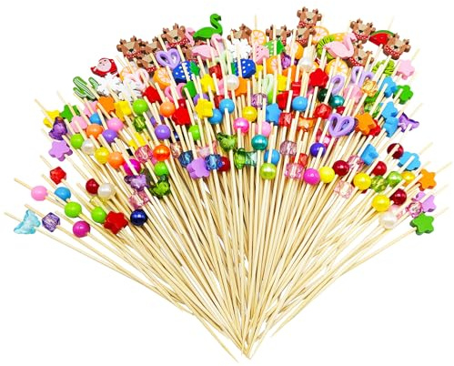 Morocket 200 Stück Cocktailspieße 12cm Cocktail Picks Holz Zahnstocher Cocktail Sticks in Verschiedenen Formen und Farben Zahnstocher Holz Geeignet für Bars, Restaurants, Kuchen, Getränke