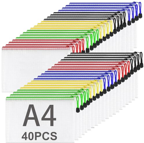 ASelected 40 Stücke Dokumententasche A4 Reißverschluss, 5 Farbe Mesh Kunststoff Reißverschlusstasche, Zipper Taschen für Datei, Dokumente, Hausaufgaben, Reisezubehör