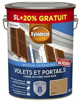 Xyladecor - Lasure Protectrice pour Bois Extérieur Glycéro - Volets, Portails, Portes, Fenêtres - Couleur : Satin Chêne - Quantité : 5L plus 20% gratuit