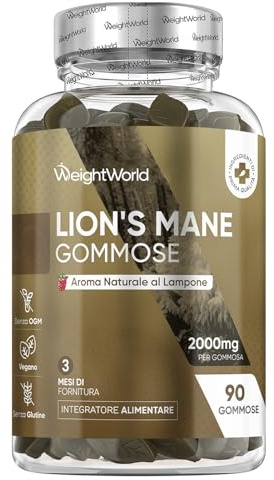 Lejonmanen-gummies - 90 svampgummies för vuxna - 3 månaders förbrukning - 2000 mg högdoserat lejonmanen-tillskott - Veganska med naturlig hallonsmak - WeightWorld