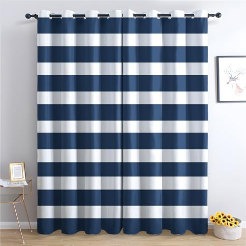 SZLYZM Vorhänge Blau Weiß Gestreift, Verdunkelungsvorhang 2er Set - Vorhang Blickdicht Nautisch Maritim Muster, Thermovorhang für Deko Wohnzimmer Schlafzimmer, Gardinen mit Ösen 200x140 cm (HxB)