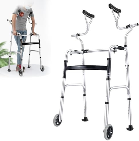 SXTYFBB Gehgestell, faltbar, aus Aluminium, für Senioren, Gehhilfe, stehend unter den Achseln, vertikal, höhenverstellbar, mit abnehmbaren Rädern, Höhenbereich 150 – 175 cm