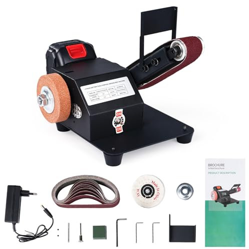 Levigatrice elettrica a nastro, 250 W, kit con 10 cinghie di sabbia (da 60 a 1000 maglie) con rotazione inversa regolabile da banco smerigliatrice da banco lucidatrice (regolabile)