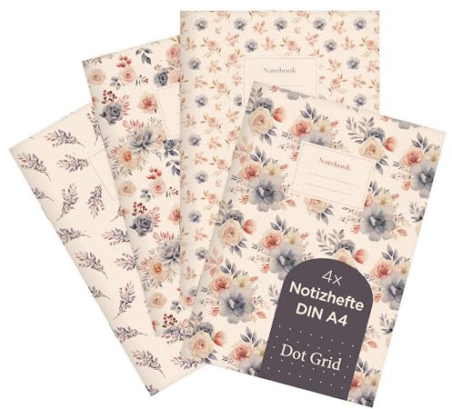 etmamu 1032 4er-Set Notizheft A4 | Blumen Muster Aquarell Rosen Zweige | für Notizen, Skizzen, Bullet Journal & Planungen | Punktraster