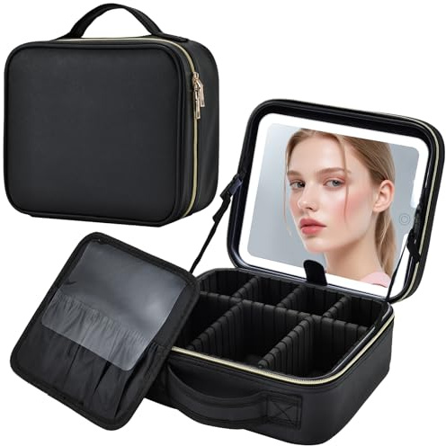 Bolsa Maquillaje con Espejo Iluminado Neceser Maquillaje de luz LED Organizador de Maquillaje Viaje Maletin Maquillaje Estuche de Maquillaje Mujer vacio Makeup Bag, Negro