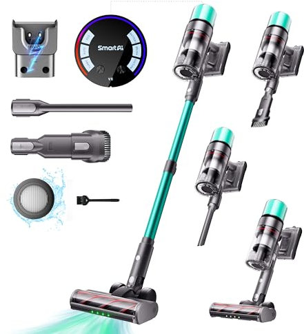 SmartAI V5 Aspirapolvere senza Fili, 55Kpa/600W/80Mins Autoportante Scopa Elettrica senza Fili con Modalità Automatica, Anti-Avvolgimento Aspirapolvere per Pavimenti/Tappeti/Peli Animali