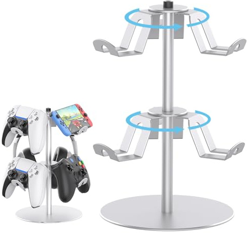 DGPCT Controller Stand Compatible with Xbox PS5 PS4 Nintendo Switch Pro, 2 Tiers Aluminum Headset Holder, Gaming Headphone and Controller Holder Organizer Rack, Universal & Stable (Silver)