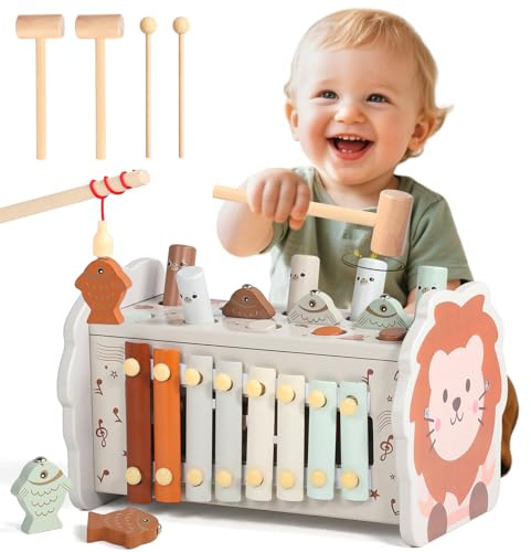 Juguetes Niños 1 año- 4 en 1 Juguetes Montessori 1 años -Martillo, Xilofono Bebe, Pesca y Laberinto Numérico, Juguete Bebe 1 año, Regalos Navidad Originales Bebes 1 años Niños Niñas Juego de Madera
