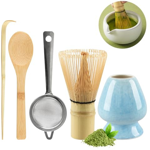 CHWNIBAY Te Matcha Kit 5 Piezas,Matcha Set,Incluye el Batidor de Matcha,2 Cucharas de Matcha,Tamiz de Matcha,Soporte de Cerámica para Batidor,Es el Regalo para los Amantes del Matcha (Azul de Horno)