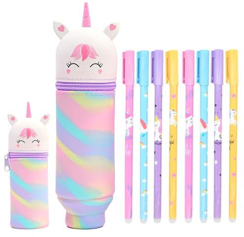 Huahuanghui Einhorn Federmäppchen Stift Set, 2-in-1 Federmäppchen und 8pcs Kugelschreiber, Cartoon Stifte Legami Mäppchen mit Reißverschluss für Mädchen Jungen Kinder Schulbedarf
