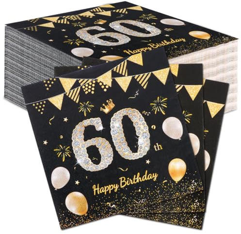 60 Stück Premium Servietten Schwarz Gold | Elegante Servietten für 60. Geburtstag (Frauen & Männer) | 60er Party Deko & Tischdeko 33x33 cm | Hochwertige Geburtstagsservietten | Luxus-Papierservietten