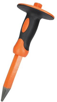 Cincel cortafrios con punta y protector, ideal para trabajos de corte en metales y eliminación de soldaduras.
