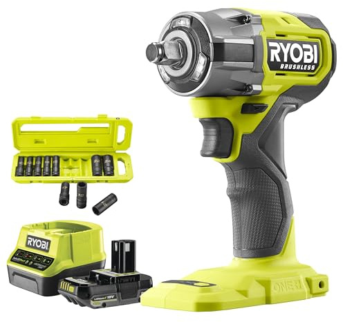 RYOBI - Boulonneuse à chocs 18 Volts ONE+, BRUSHLESS + 1 Batterie 2Ah & Chargeur + 10 douilles 1/2 (17, 19, 21 mm)