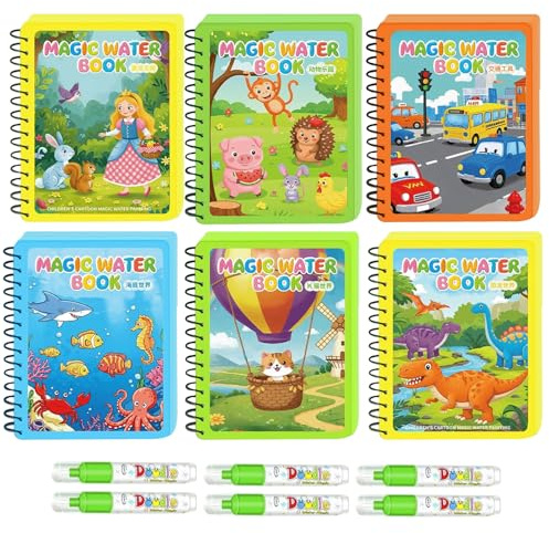 Altaroo 6 Stück Wassermalbuch, Wasser Malbuch mit Wasserstifte für Kinder, 6 Stück Wasserstift ab 2 jahre,Magic Malbuch mit Wasserstift, Wasserzauber Malbuch, Water Reveal Aktivitätsbücher