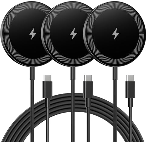 Magnetic Wireless Charger Charging Pad: 15W Qi Fast Portable Slim Charger Puck for iPhone 17e 17 Air 17 Pro Max 16 15 14 13 12 Series S26 & AirPods 4 3 2 Pro - Include USB-C/A Dual Ports (3Pack Black)