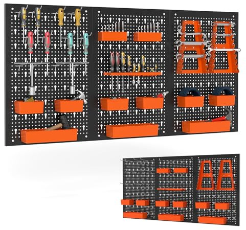HOMFME Wall Mounted Peg Board Kit, Metal Pegboard Set with Hanging Hooks, Utility DIY Peg Panel Organiser for Home Kitchen Workshop Garage (Black + Orange, 3PCS Pegboards+ 26PCS Accessories)