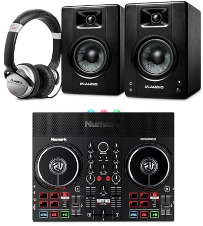 Numark Party Mix Live DJ Controller and M-AUDIO BX4 Pair Studio Monitors with Headphones for Studio Recording, Music Production, Podcasting, Streaming