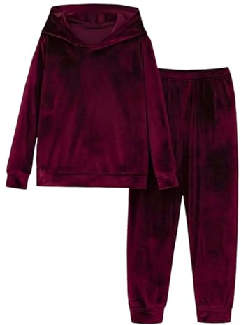 Tuta da donna in velluto, 2 pezzi, con cappuccio, in morbido velluto, con cappuccio e pantaloni, comoda tuta per il tempo libero per le giornate di relax, Stil_i04 vinaccia, M