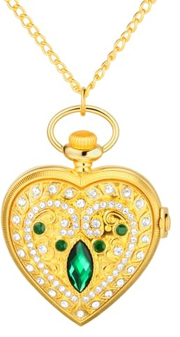 JewelryWe Taschenuhr Damen Vintage Analog Quarz Herz Strass Augen Blumen Muster Uhr mit Halskette Kette Pocket Watch