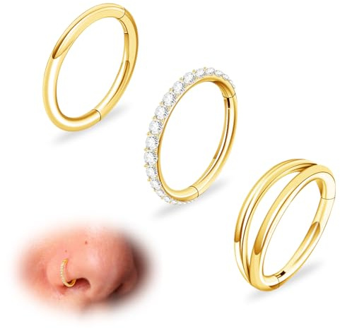 Sweetkiki 3 anelli da naso a cerchio in acciaio chirurgico, 18 g, per setto nasale, trago, cartilagine, clicker con zirconia cubica, piccolo oro e argento, doppio anello per naso, ipoallergenico, per