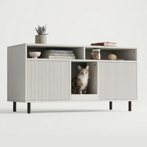 CareCooo Katzenklo Schrank für 2 Katzen mit Sandauffangmatte, XXL Sideboard für Katzentoilette Versteckt, Multifunktionales Katzenhaus Möbel, Einfache Montage, Weiß